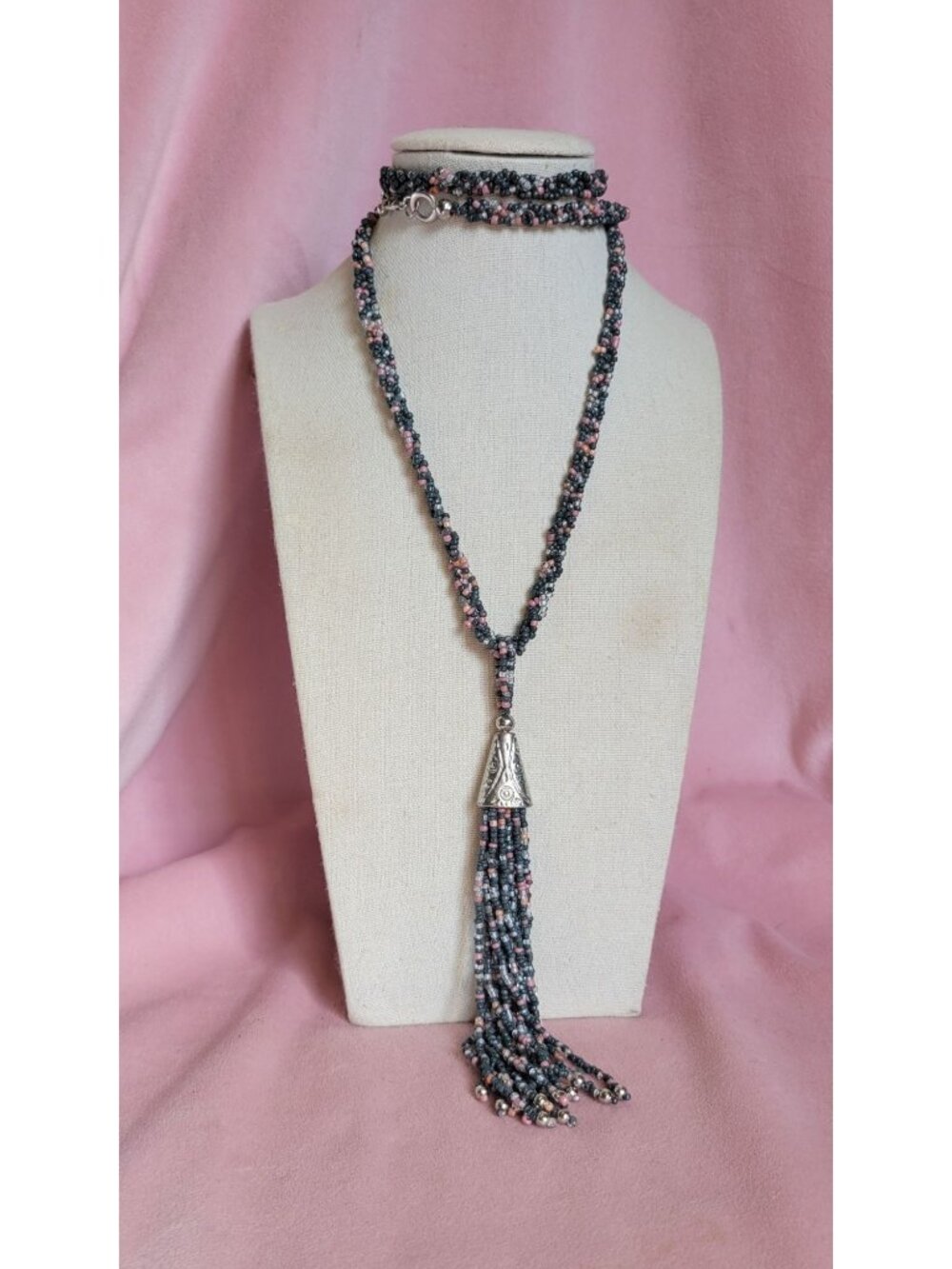 Silver Tone Grey Pink Seed Beaded Layered Tassel Pendant Long Necklace N1B